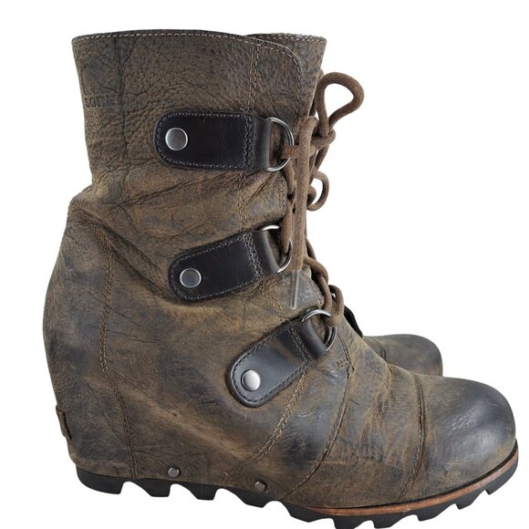 Sorel Joan of Arctic Brown Leather Internal Wedge Boots Size 9 Distressed - Picture 12 of 16